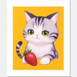 Cute Cat Holding a Strawberry Posters and Art